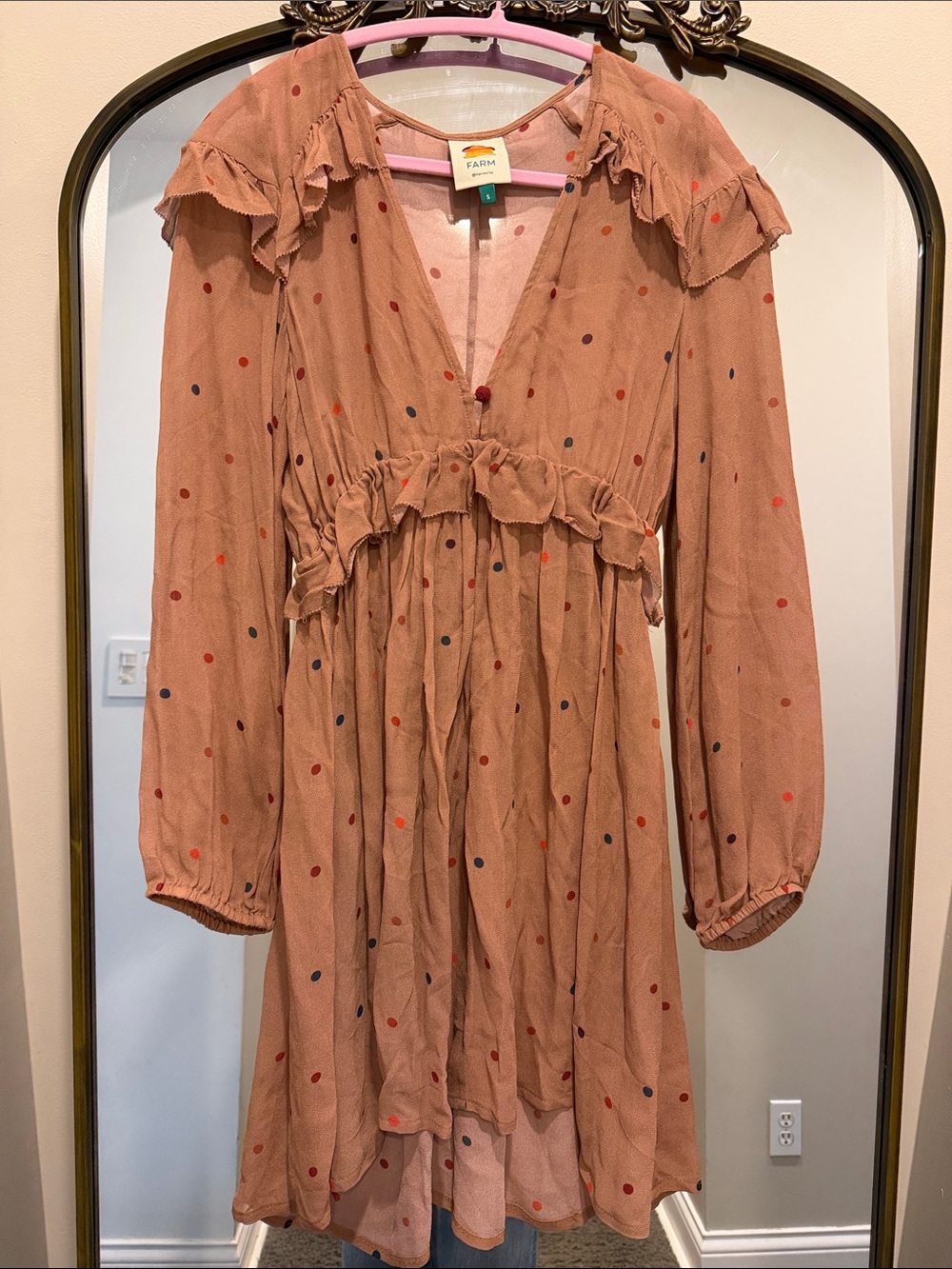 FARM Rio Tan brown sheer Polka Dot Mini Dress